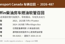 加拿大召回Tiffin柴油房车因燃油软管可能脱开漏油 加拿大交通部召回2026-487 Tiffin Phaeton与Allegro Bus房车燃油软管信息图
