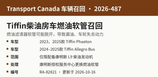 加拿大召回Tiffin柴油房车因燃油软管可能脱开漏油 加拿大交通部召回2026-487 Tiffin Phaeton与Allegro Bus房车燃油软管信息图