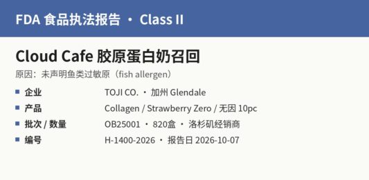 FDA H-1400-2026 TOJI Cloud Cafe胶原蛋白奶未声明鱼类召回信息图