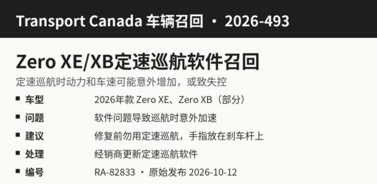 加拿大交通部召回2026-493 Zero Motorcycles XE与XB定速巡航软件信息图