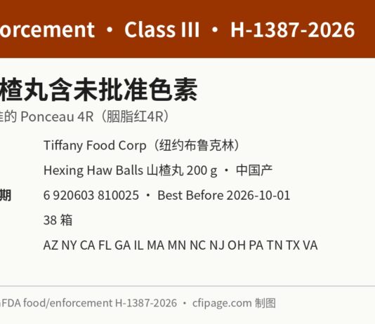 FDA通报合兴山楂丸含未批准色素Ponceau4R召回 FDA H-1387-2026 Hexing合兴山楂丸含Ponceau4R召回信息图