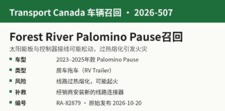 加拿大召回Forest River Palomino Pause房车拖车因太阳能线路可能起火 加拿大交通部召回2026-507信息图:Forest River Palomino Pause房车拖车太阳能线路可能过热起火