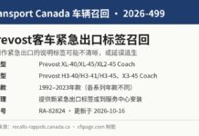 加拿大召回Prevost长途客车因紧急出口标签不清晰 加拿大交通部召回2026-499 Prevost长途客车紧急出口标签信息图