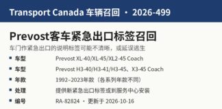 加拿大召回Prevost长途客车因紧急出口标签不清晰 加拿大交通部召回2026-499 Prevost长途客车紧急出口标签信息图