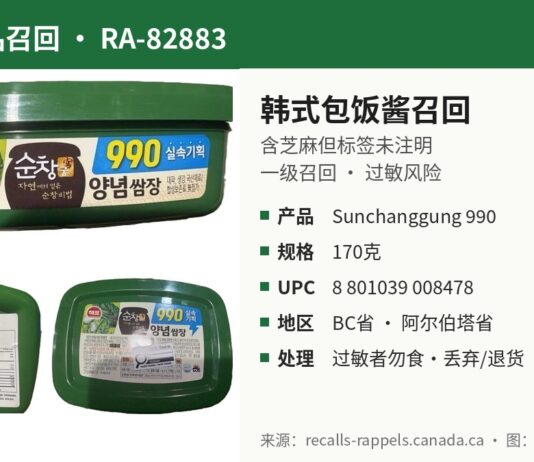 加拿大食品检验局召回Sunchanggung 990 Ssamjang韩式包饭酱产品图：170克绿色盒装