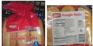 FDA召回公告WinCo Foods Hoagie Rolls长面包卷包装正面与背面标签照片