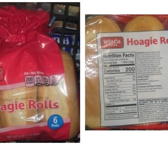 FDA召回公告WinCo Foods Hoagie Rolls长面包卷包装正面与背面标签照片