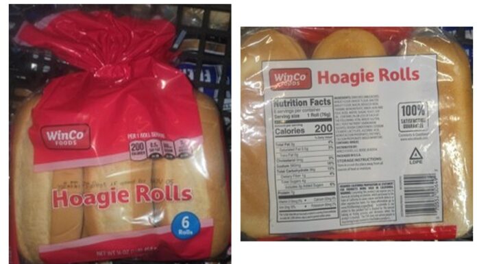 美国WinCo Foods召回Hoagie长面包卷因未标示芝麻 FDA召回公告WinCo Foods Hoagie Rolls长面包卷包装正面与背面标签照片