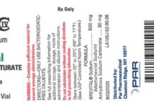 FDA通报Brevital甲己炔巴比妥钠两批因纤维素颗粒召回 FDA通告中的Brevital Sodium 500 mg/vial批号86930标签产品图