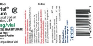 FDA通告中的Brevital Sodium 500 mg/vial批号86930标签产品图