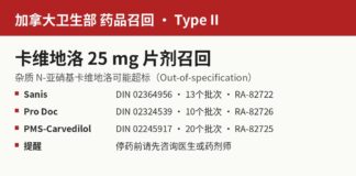 加拿大卫生部卡维地洛25毫克片召回信息图：Sanis、Pro Doc、PMS-Carvedilol的DIN与召回编号