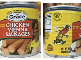 FSIS公共卫生警报中的Grace即食鸡肉维也纳香肠140克罐头正面与背面标签图（含EST. NO G-01标志）