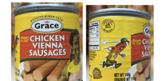 FSIS公共卫生警报中的Grace即食鸡肉维也纳香肠140克罐头正面与背面标签图（含EST. NO G-01标志）