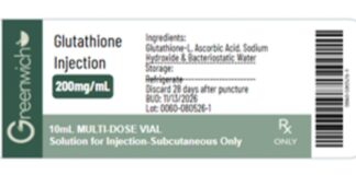 FDA召回产品标签图：Greenwich Rx谷胱甘肽注射液200mg/mL 10mL多剂量瓶