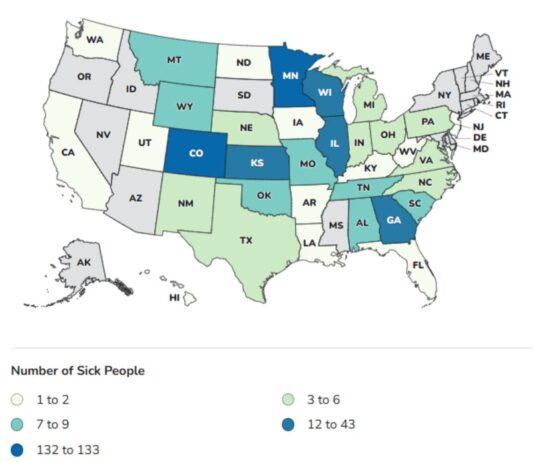 CDC沙门氏菌Javiana墨西哥辣椒疫情病例分布图（Courtesy CDC via Food Safety News）