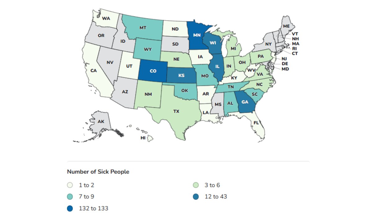 CDC沙门氏菌Javiana墨西哥辣椒疫情病例分布图(Courtesy CDC via Food Safety News)