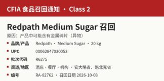 CFIA Redpath Medium Sugar 20 kg含金属碎片召回信息图：RA-82762