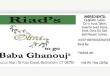 FDA警示Riad’s Oliva to Go茄子泥与鹰嘴豆泥未标注芝麻召回 FDA通告中的Riad’s Oliva to Go Baba Ghanouj 14 oz标签产品图