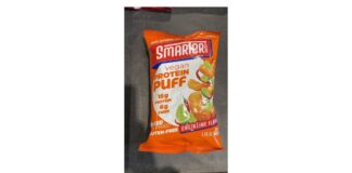 CFIA召回通告中的Smarter Snacks纯素蛋白泡芙辣椒青柠味50克包装正面图