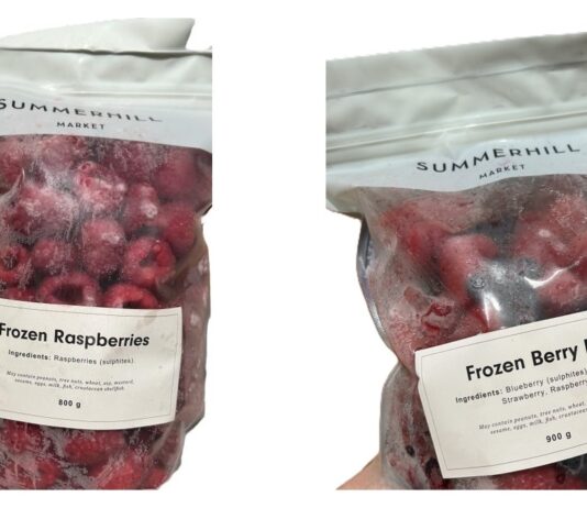 CFIA召回多伦多Summerhill Market冷冻树莓等产品疑含诺如病毒 CFIA召回通告中的Summerhill Market冷冻树莓800克与冷冻混合莓900克包装图