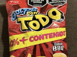 USDA召回YUPI Golpe Con Todo BBQ薯片因哥伦比亚炸猪皮不合格 USDA FSIS召回标签图:YUPI Golpe Con Todo SABOR BBQ混合薯片60克袋装